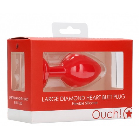 Красная анальная пробка с прозрачным стразом Large Ribbed Diamond Heart Plug - 8 см.